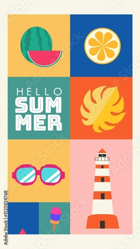 Looping vertical animation in vibrant summer colors featuring watermelon, citrus, sunglasses, lighthouse, and ice cream with 