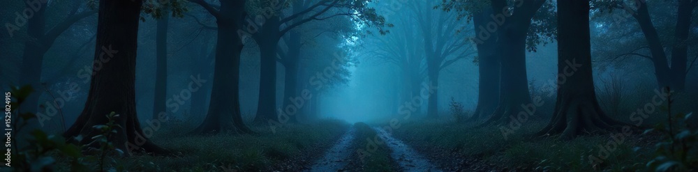 Obraz premium A spooky forest path at night, shrouded in mist, with ominous shadows hinting at unseen creatures lurking nearby Perfect for Halloween, horror, fantasy, and monster themes , fear, creepy
