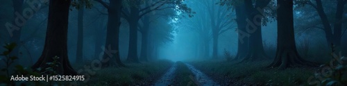 A spooky forest path at night, shrouded in mist, with ominous shadows hinting at unseen creatures lurking nearby Perfect for Halloween, horror, fantasy, and monster themes , fear, creepy