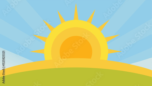 Cartoon sunrise over green hill with rays on a light blue summer sky