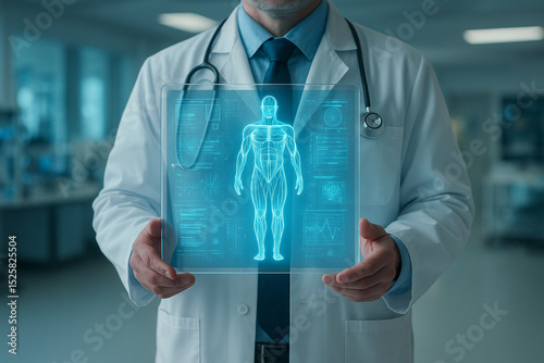 AI generated image of a doctor holding a transparent digital screen showing a glowing human anatomy hologram in a high-tech lab environment