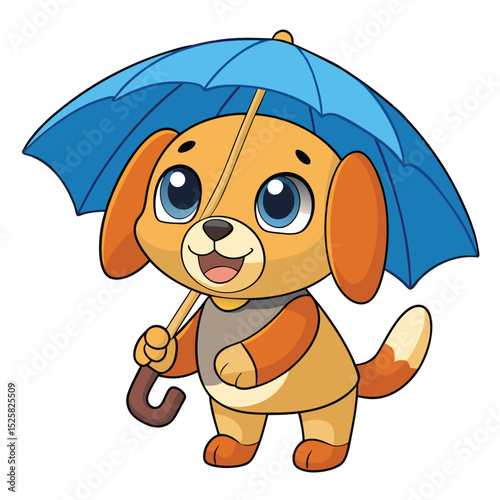 Adorable cartoon puppy holding a blue umbrella