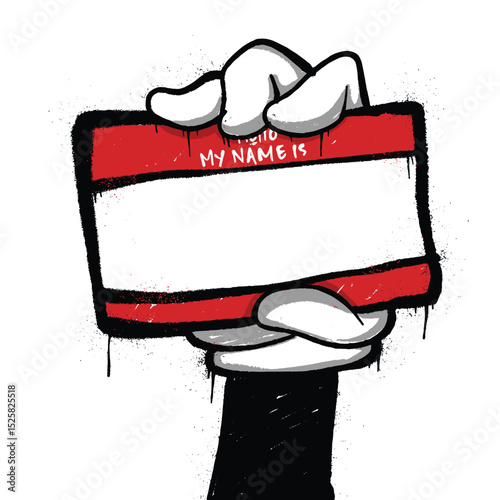 The Blank Name Tag A vibrant, attention-grabbing name tag held up by an illustrated hand, offering ample space for customization, and perfect for social events or self-expression.