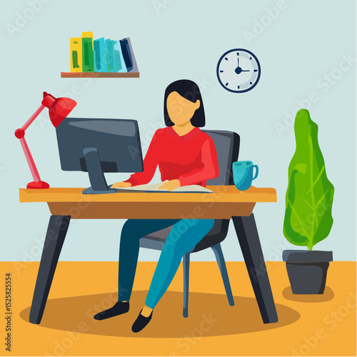 Modern Design Remote Work Desk Setup with Diverse Character