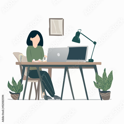 Modern Design Remote Work Desk Setup with Diverse Character