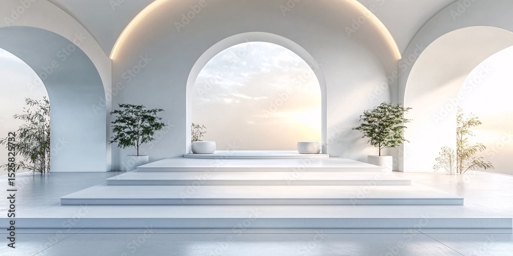 Fototapeta premium Peaceful minimalist architecture. White arches, steps, plants, and a tranquil sunset view.