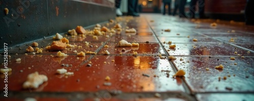 Close-up of a dirty restaurant floor with scattered crumbs, spilled drinks, and debris, highlighting the unseen challenges of waitstaff , mess, neglect