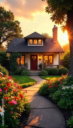 Golden California sunset casts a warm glow over a charming bungalow, nestled amongst lush greenery and vibrant flowers Picture-perfect home, idyllic neighborhood , rural, neighborhood, California