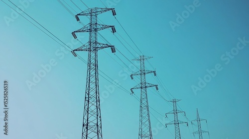 Tall electrical transmission towers with power lines stretch across a clear blue sky.