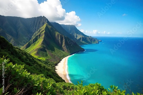 Lush green volcanic slopes meet a stunning turquoise ocean under a vibrant Hawaiian sky A breathtaking panoramic view of paradise Perfect for travel and tourism promotions , vibrant, scenery, holiday