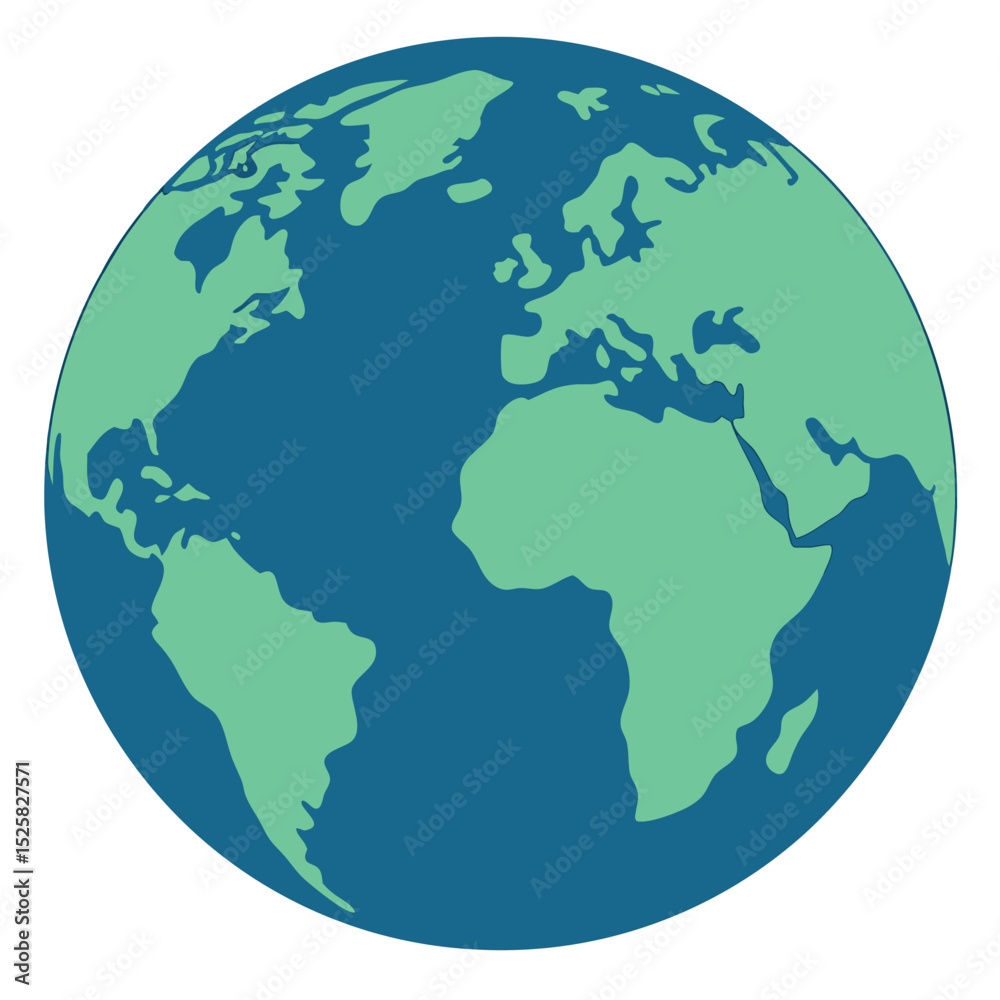 Fototapeta premium Simple stylized illustration of planet earth showing continents and oceans in teal colors