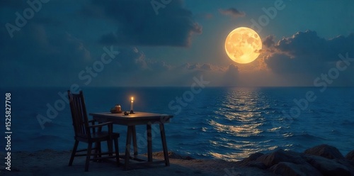 A single, empty chair sits at a table overlooking a vast, moonlit ocean, conveying profound solitude and longing , table, romantic