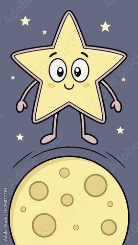 Cute animated star bouncing towards smiling moon in cartoon night sky scene