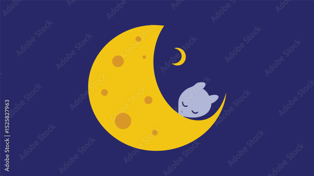 Naklejka premium Cute cartoon illustration of a sleeping mouse snuggling within a cheesy moon silhouette