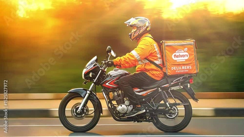 Delivery rider in orange uniform riding a motorcycle on a sunny road, with a blurred background