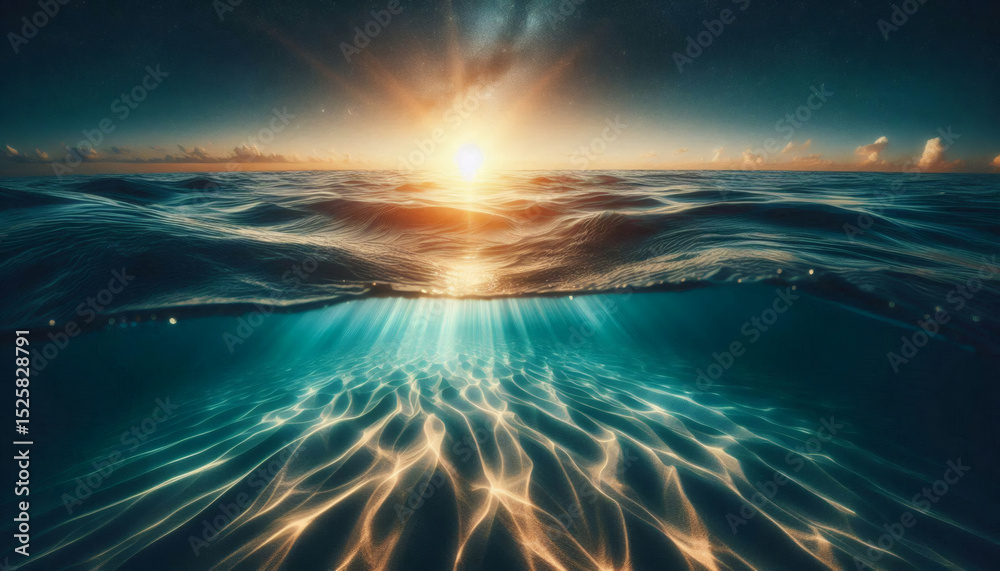 Obraz premium 穏やかな海の夕景、水面下の波紋と太陽の輝き AI-generated image created using DALL·E 3