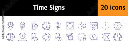Collection of Icons of Clock, Reminder, Alarm, Hourglass Drawn with Thin Line for Graphics, Cards, Web Sites, Apps