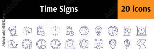 Collection of Images of Clock, Reminder, Alarm, Hourglass Drawn with Thin Line for Graphics, Cards, Web Sites, Apps