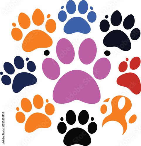Colorful collection of dog paw prints in a circle