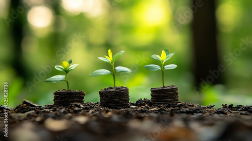 New beginnings bloom Three saplings rise from the earth symbolizing hope and growth in a vibrant forest with shallow