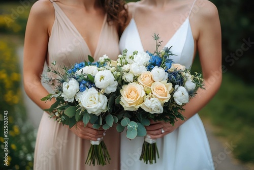 Two women holding similar bouquets of white, yellow, and blue flowers with greenery, one wearing a beige dress and the other a white dress, standing outdoors