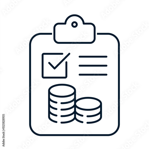 Clipboard, coins, check mark. Concept budget planning, tax, accounting, credit. Vector linear icon isolated on white background.