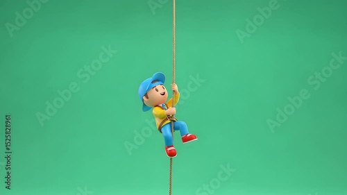 Playful 3D Render of a Child Climbing a Rope Against a Green Screen