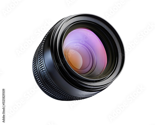 Close-up of a modern camera lens, black metal, vibrant inner lens elements