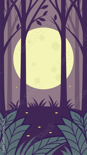 Evening forest scene with full moon and fireflies elegant and minimalist design