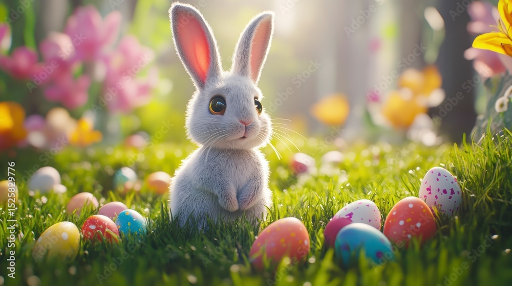 Fototapeta premium Cute bunny rabbit surrounded by colorful Easter eggs in a spring meadow.