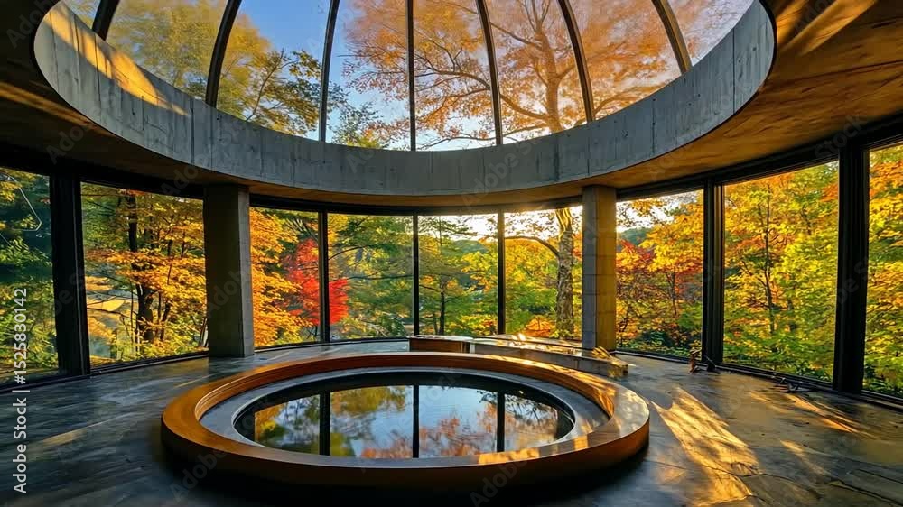 Modern circular room with a reflective pool and autumn view