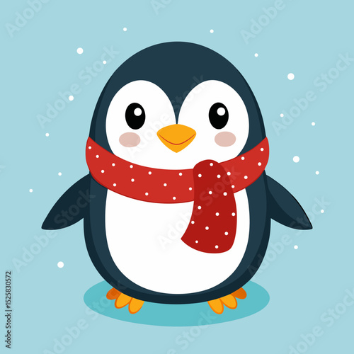 Adorable penguin wearing red polka dot scarf winter design element