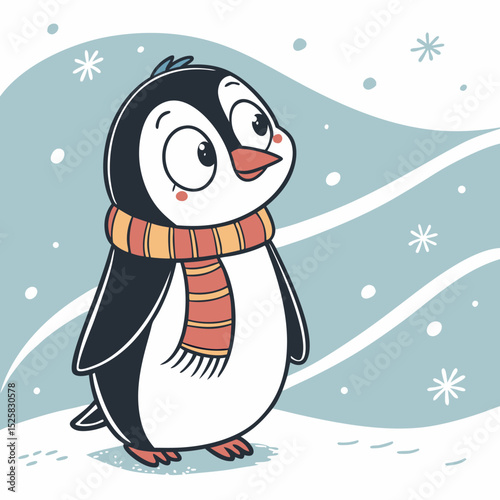 Adorable penguin wearing striped scarf winter scene