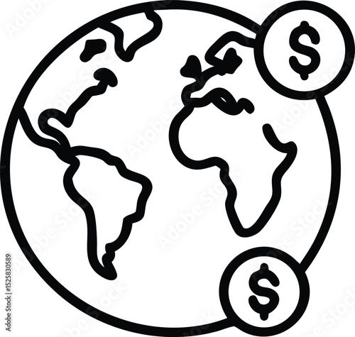 World economy concept with black silhouette featuring money symbols and global commerce