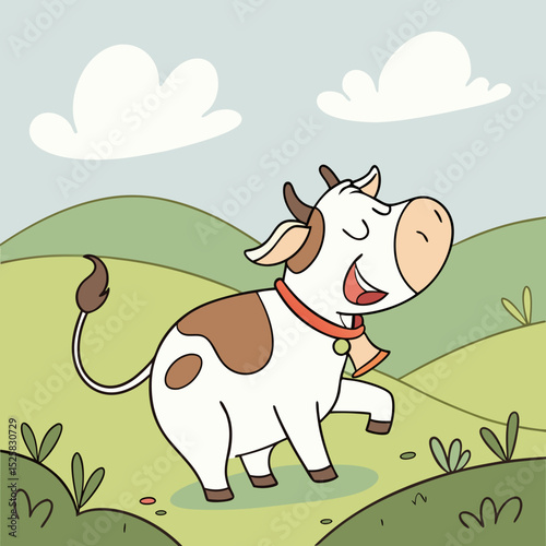 Happy cow grazing in sunny green pasture
