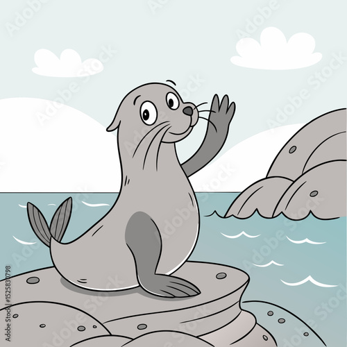 Happy seal waving on ocean rock cartoon