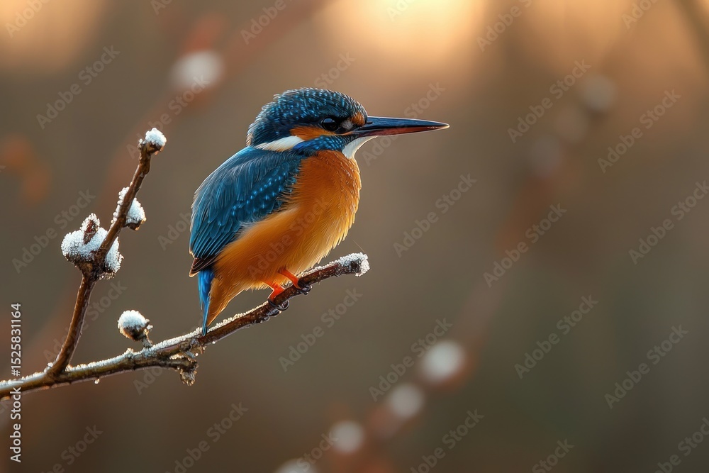 vibrant kingfisher bird perched on a snowy branch with a blurred warm brown background depicting a calm winter scene vibrant kingfisher bird perched on a snowy branch with a blurred warm brown background depicting a calm winter scene
