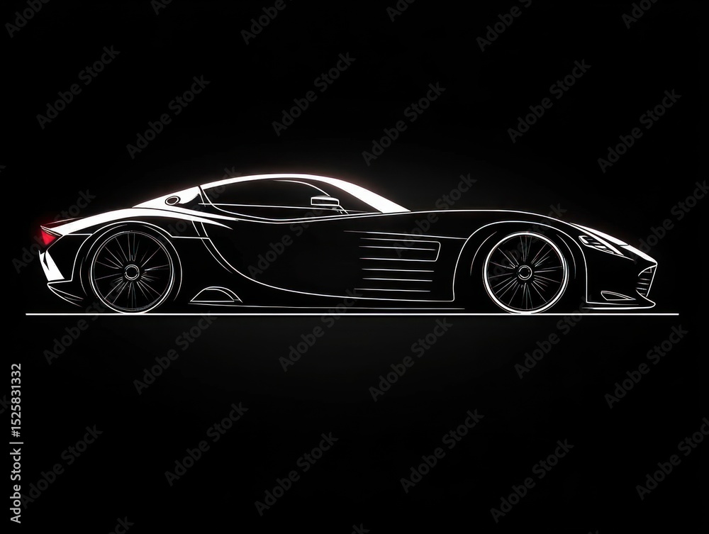 Fototapeta premium Side view illustration of a sleek modern sports car with glowing white outline on a black background conveying speed and elegance