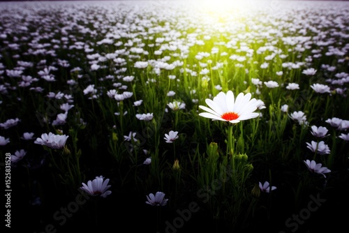 A single, vibrant white flower stands out amidst a field of similar blooms