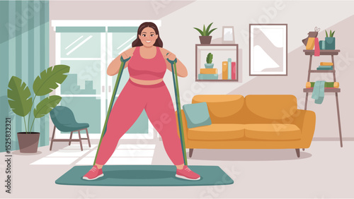 Woman exercising with resistance bands in a modern living room for a healthy lifestyle routine