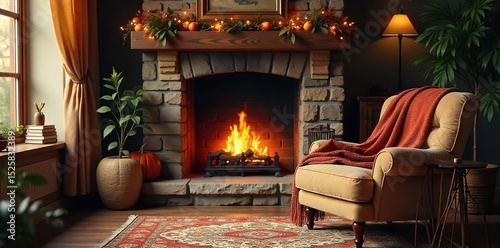 Warm, inviting living room scene with a crackling fireplace, soft blankets draped over a comfy armchair, and books scattered on a side table Perfect for relaxation and autumn vibes , vintage, evening