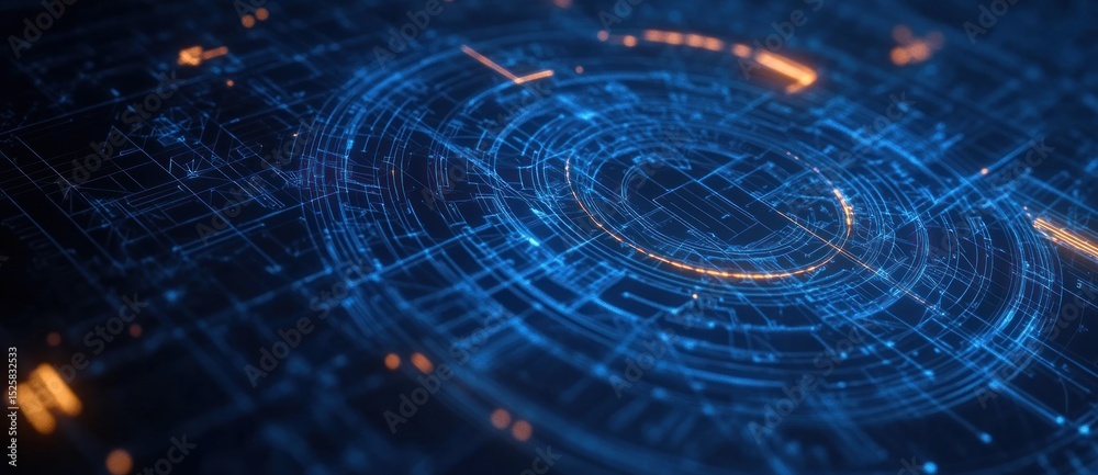 Obraz premium Futuristic digital interface with glowing blue and orange circular schematic patterns and abstract technological data visualization
