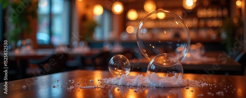 Close-up shot of shimmering soap bubbles floating in the air above a restaurant table, illuminated by warm light, creating a whimsical, magical atmosphere , air, table, soap bubbles