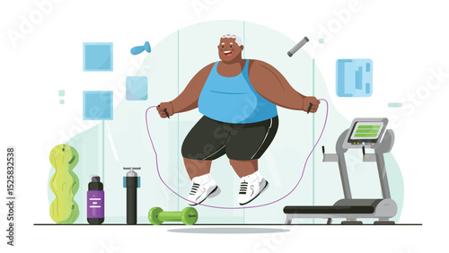 Overweight senior man exercising with jump rope at the gym to improve his fitness and health