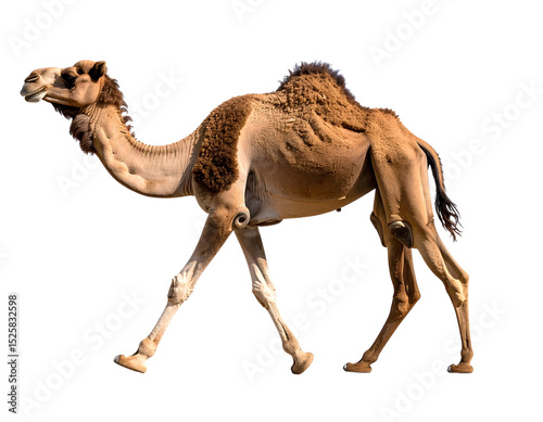  Side profile of dromedary camel walking, isolated on white background