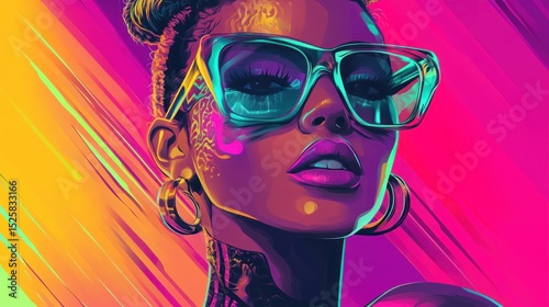 Vibrant Portrait of a Stylish Woman with Geometric Sunglasses