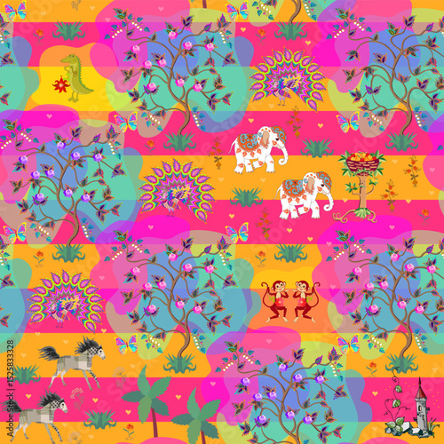Wallpaper Mural Cute cartoon horses, Indian elephants, fabulous peacocks, flowering trees, butterflies on a bright background in orange and fuchsia horizontal stripes. Seamless boho print for fabric. Torontodigital.ca