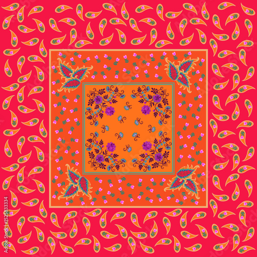 Beautiful pattern for tablecloth, scarf, napkin, bag, square carpet with paisley, flowers, leaves, berries on orange and scarlet background. Beautiful print for fabric in boho style.