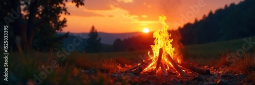 Blazing summer bonfire at dusk, casting a warm orange glow on the surrounding landscape Perfect for summer, vacation, warmth, and camping themes , light, vacation