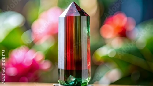 Polished watermelon tourmaline crystal obelisk specimen on a carved wood base with a pink and green floral backdrop